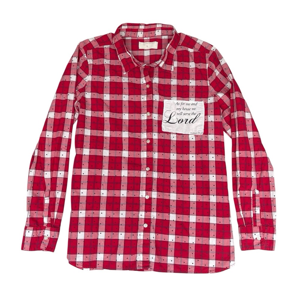 Womens Gingham Plaid Shirt L Red White Button Up Religious Christian Bible Love